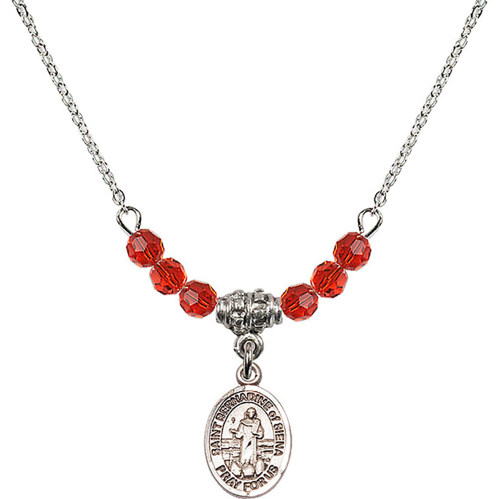 Sterling Silver Saint Bernadine of Sienna Birthstone Necklace with Ruby Beads - 9387