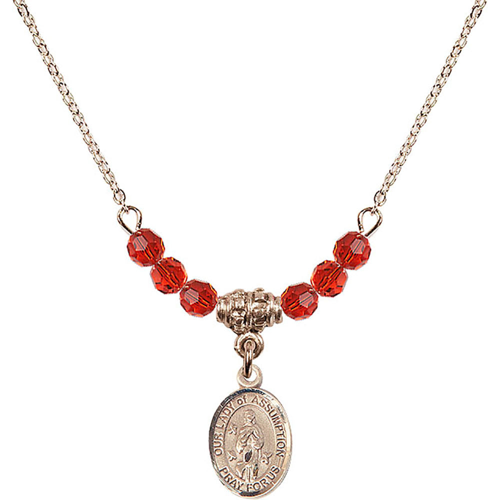14kt Gold Filled Our Lady of Assumption Birthstone Necklace with Ruby Beads - 9388