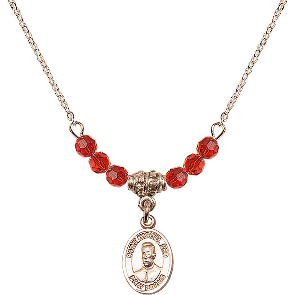 14kt Gold Filled Blessed Miguel Pro Birthstone Necklace with Ruby Beads - 9389