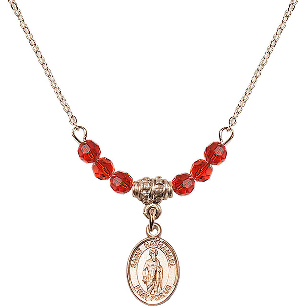 14kt Gold Filled Saint Nathanael Birthstone Necklace with Ruby Beads - 9398