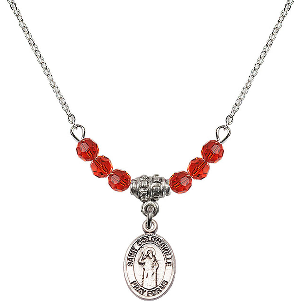 Sterling Silver Saint Columbkille Birthstone Necklace with Ruby Beads - 9399
