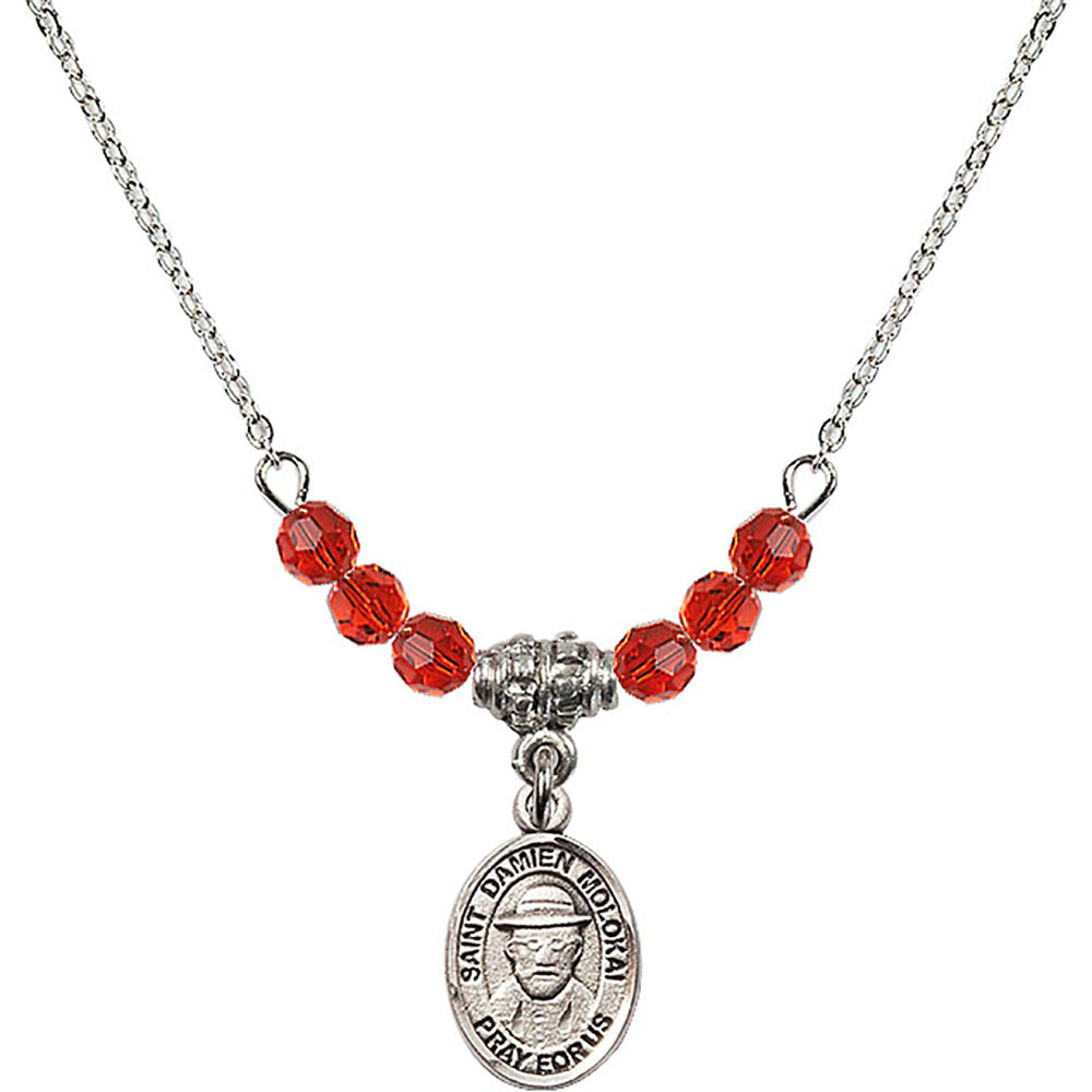 Sterling Silver Saint Damien of Molokai Birthstone Necklace with Ruby Beads - 9412