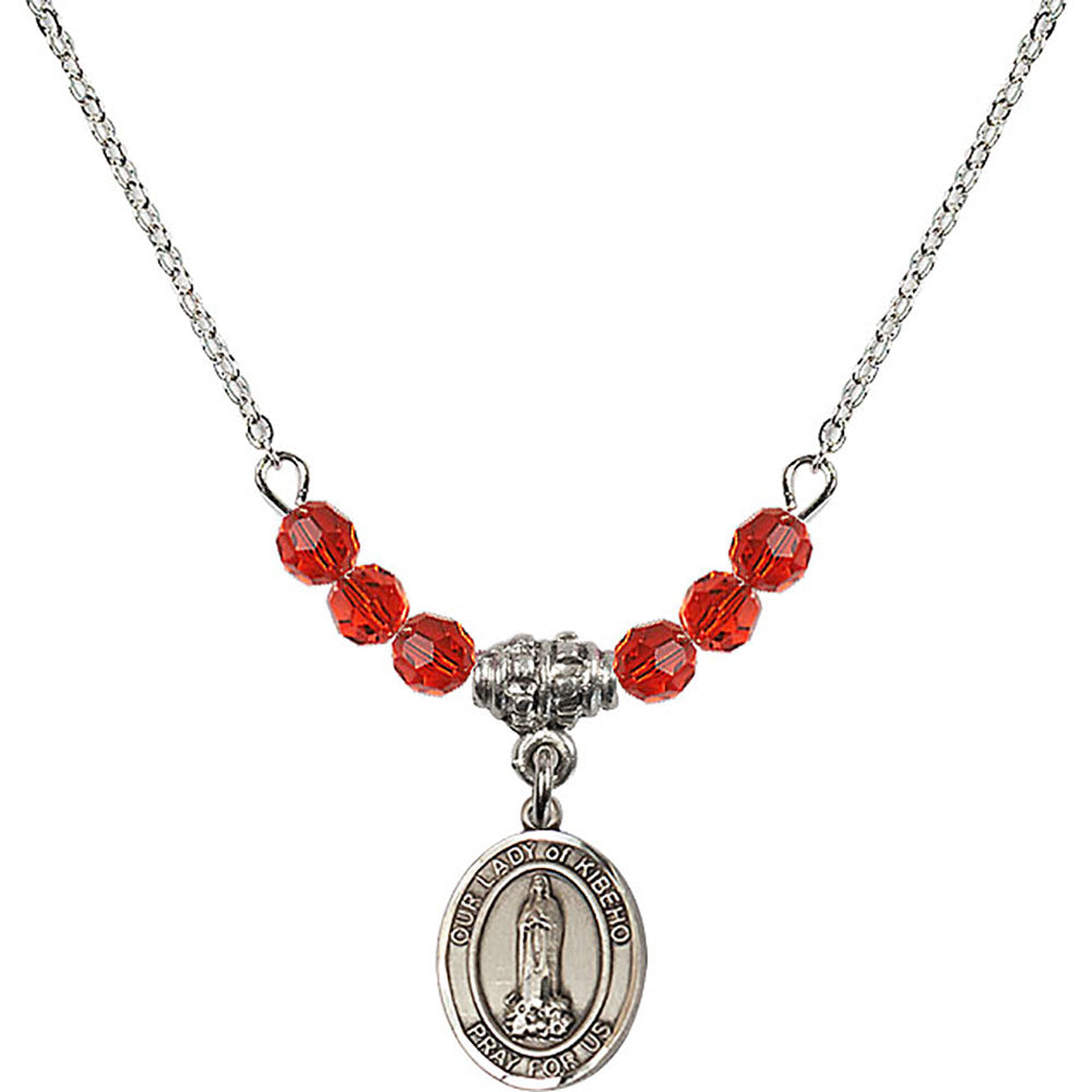 Sterling Silver Our Lady of Kibeho Birthstone Necklace with Ruby Beads - 9414