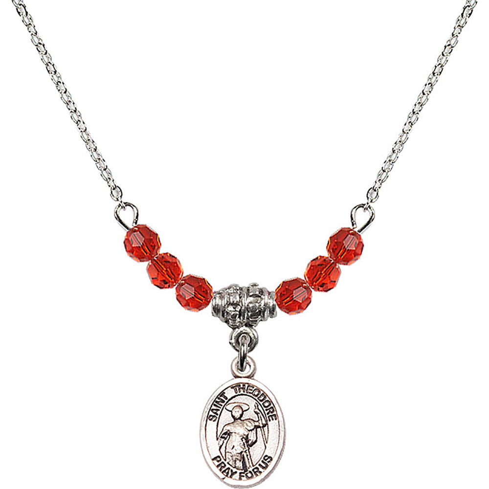 Sterling Silver Saint Theodore Stratelates Birthstone Necklace with Ruby Beads - 9415