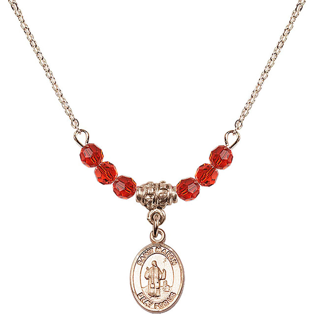 14kt Gold Filled Saint Maron Birthstone Necklace with Ruby Beads - 9417