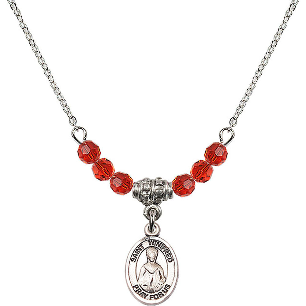Sterling Silver Saint Winifred of Wales Birthstone Necklace with Ruby Beads - 9419