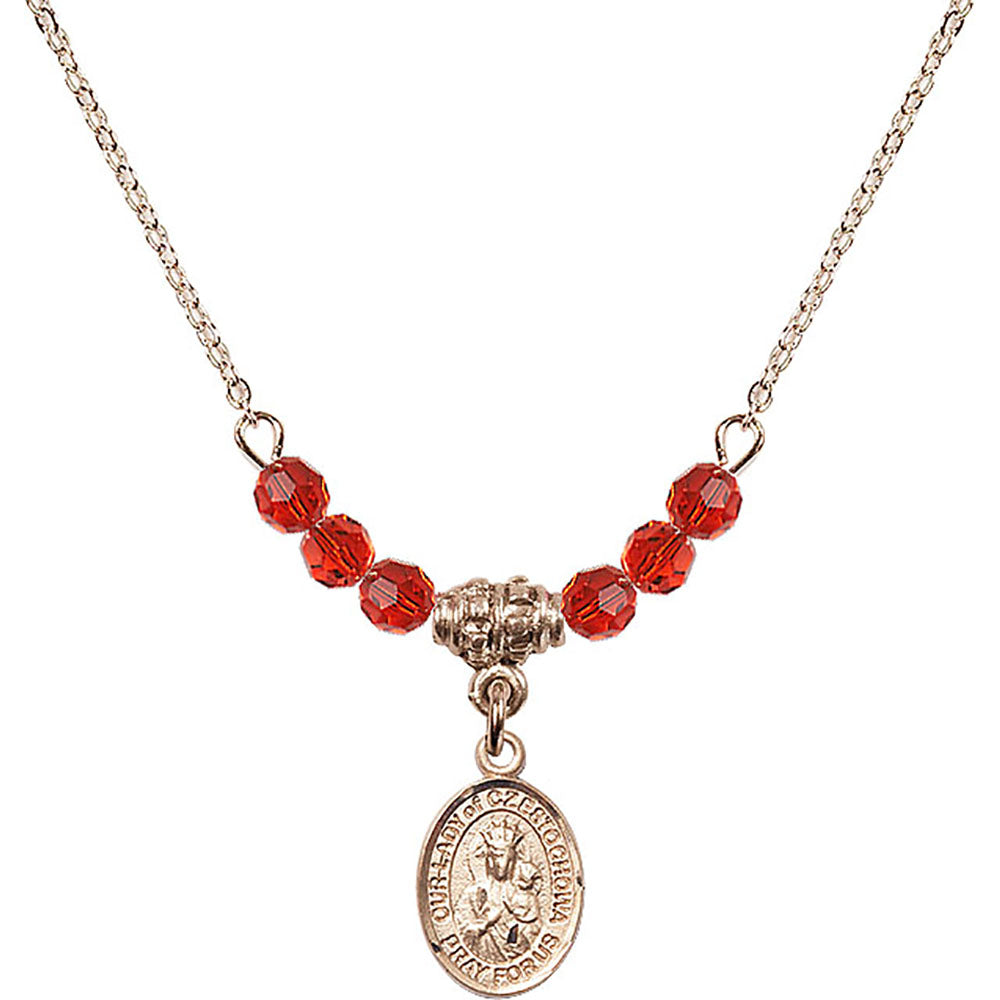 14kt Gold Filled Our Lady of Czestochowa Birthstone Necklace with Ruby Beads - 9421