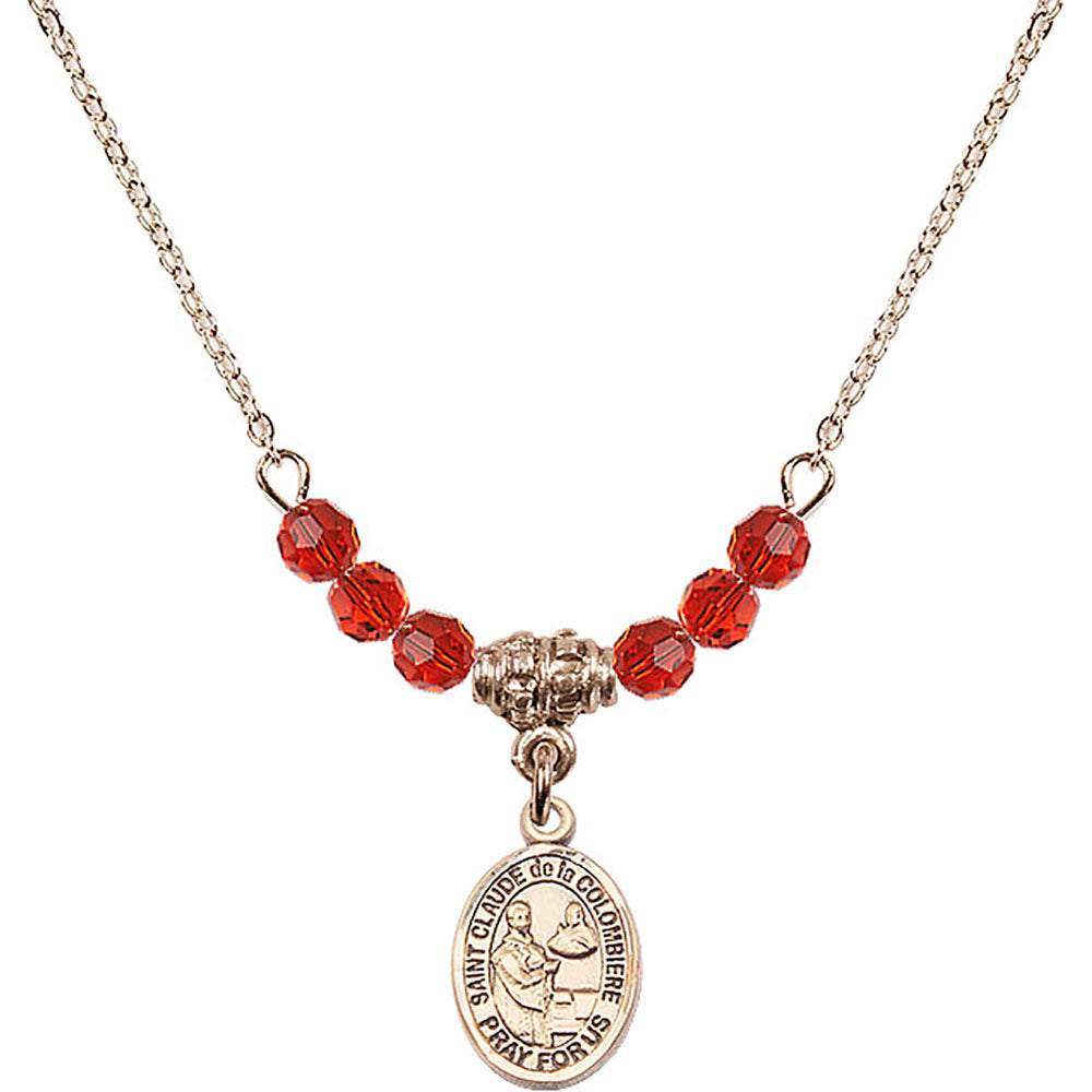 14kt Gold Filled Saint Claude de la Colombiere Birthstone Necklace with Ruby Beads - 9432