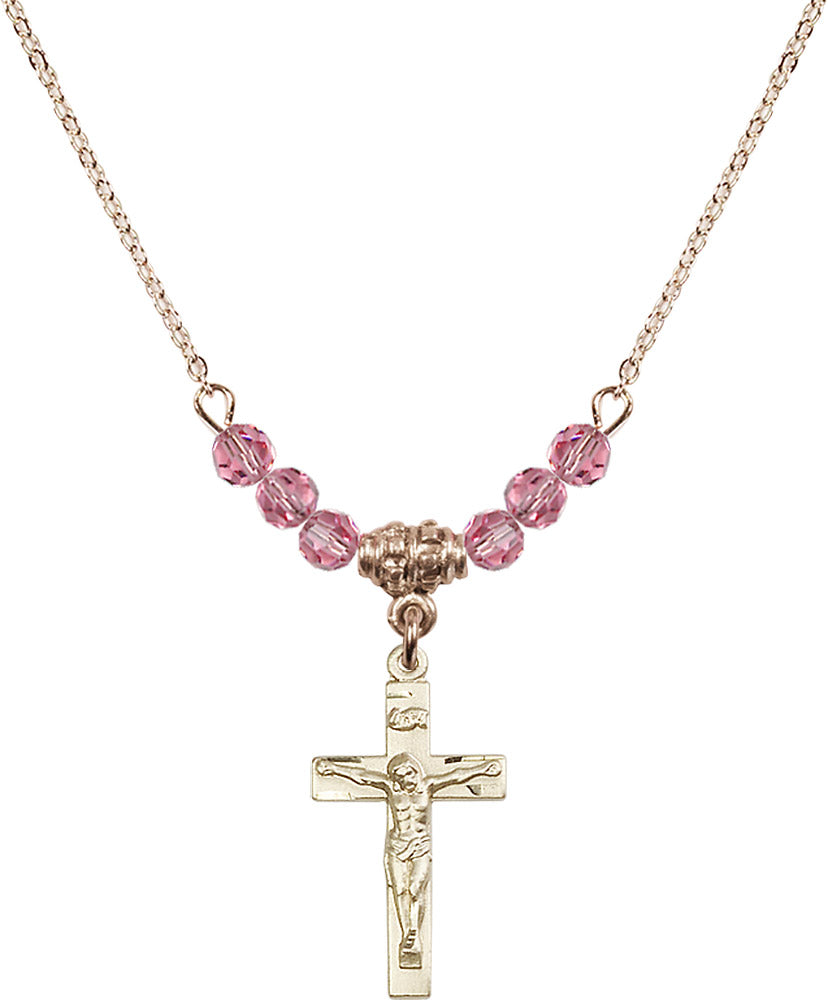 14kt Gold Filled Crucifix Birthstone Necklace with Rose Beads - 0001