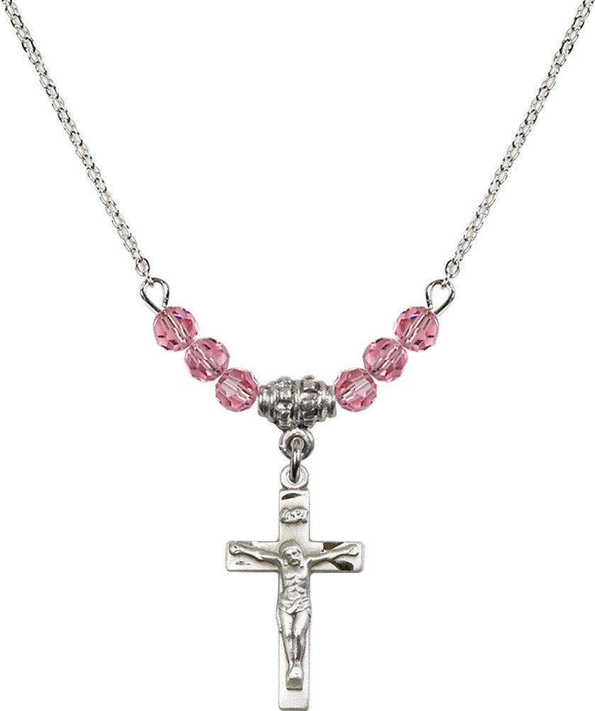 Sterling Silver Crucifix Birthstone Necklace with Rose Beads - 0001