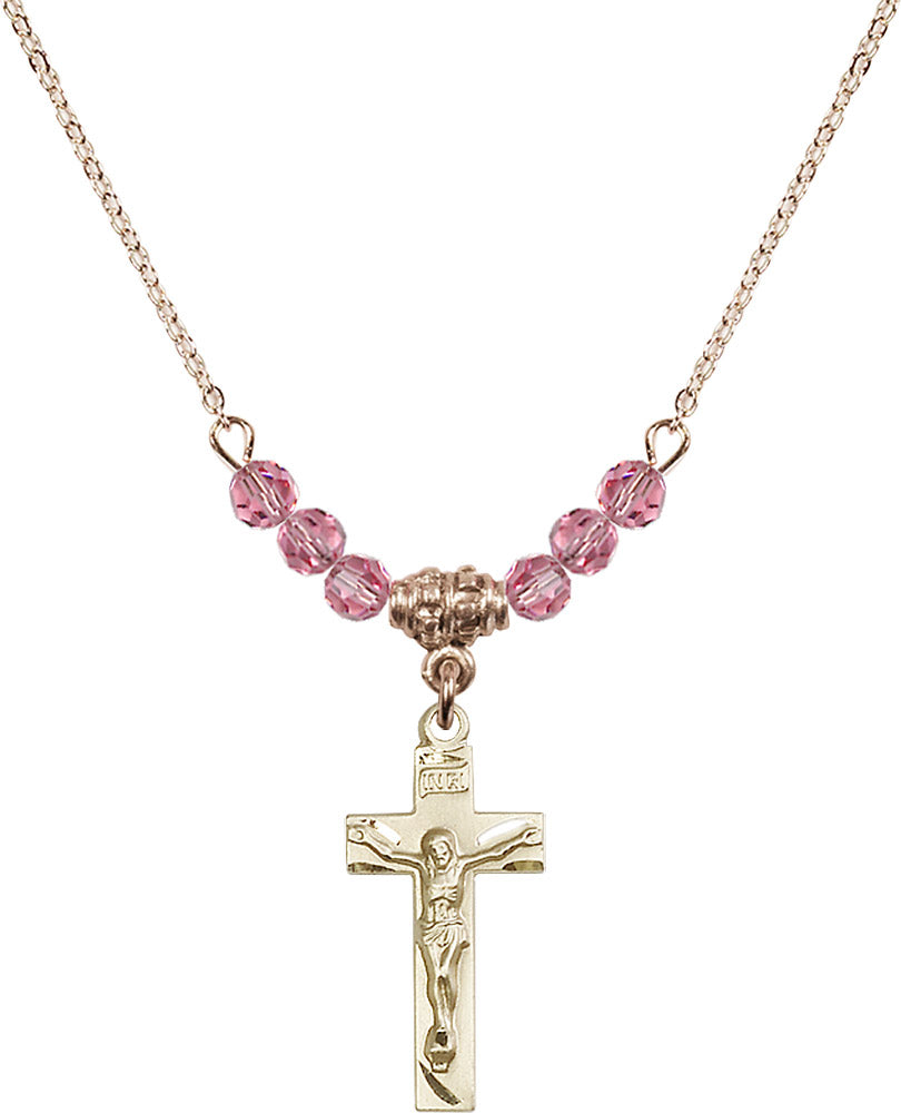 14kt Gold Filled Crucifix Birthstone Necklace with Rose Beads - 0006
