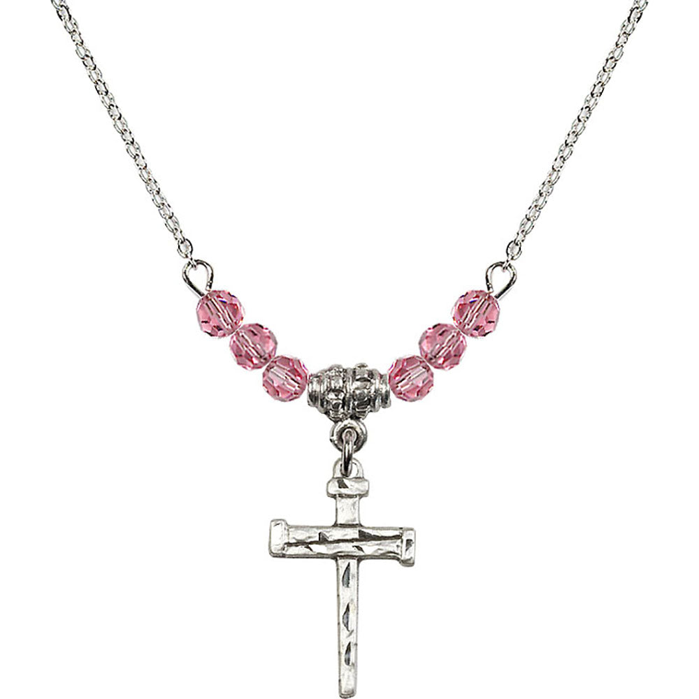 Sterling Silver Nail Cross Birthstone Necklace with Rose Beads - 0012