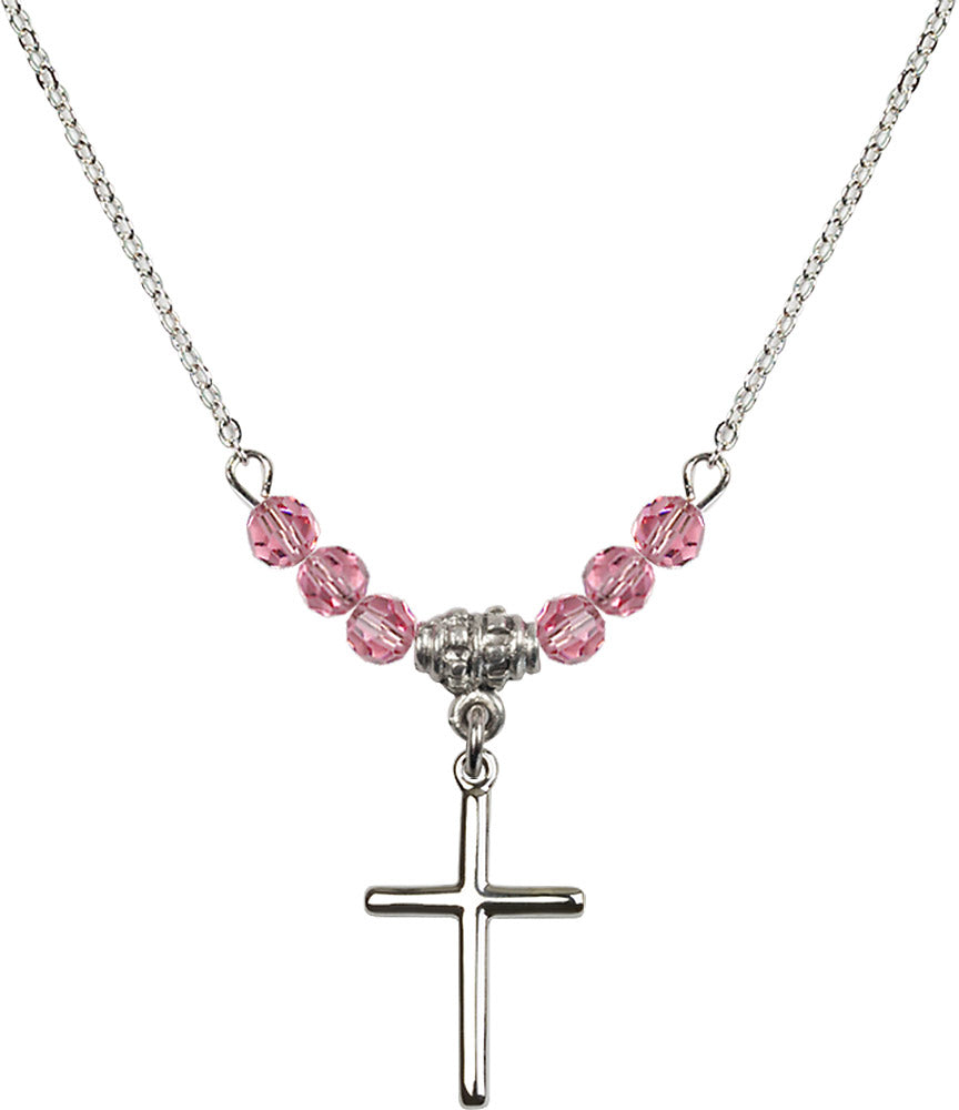 Sterling Silver Cross Birthstone Necklace with Rose Beads - 0017