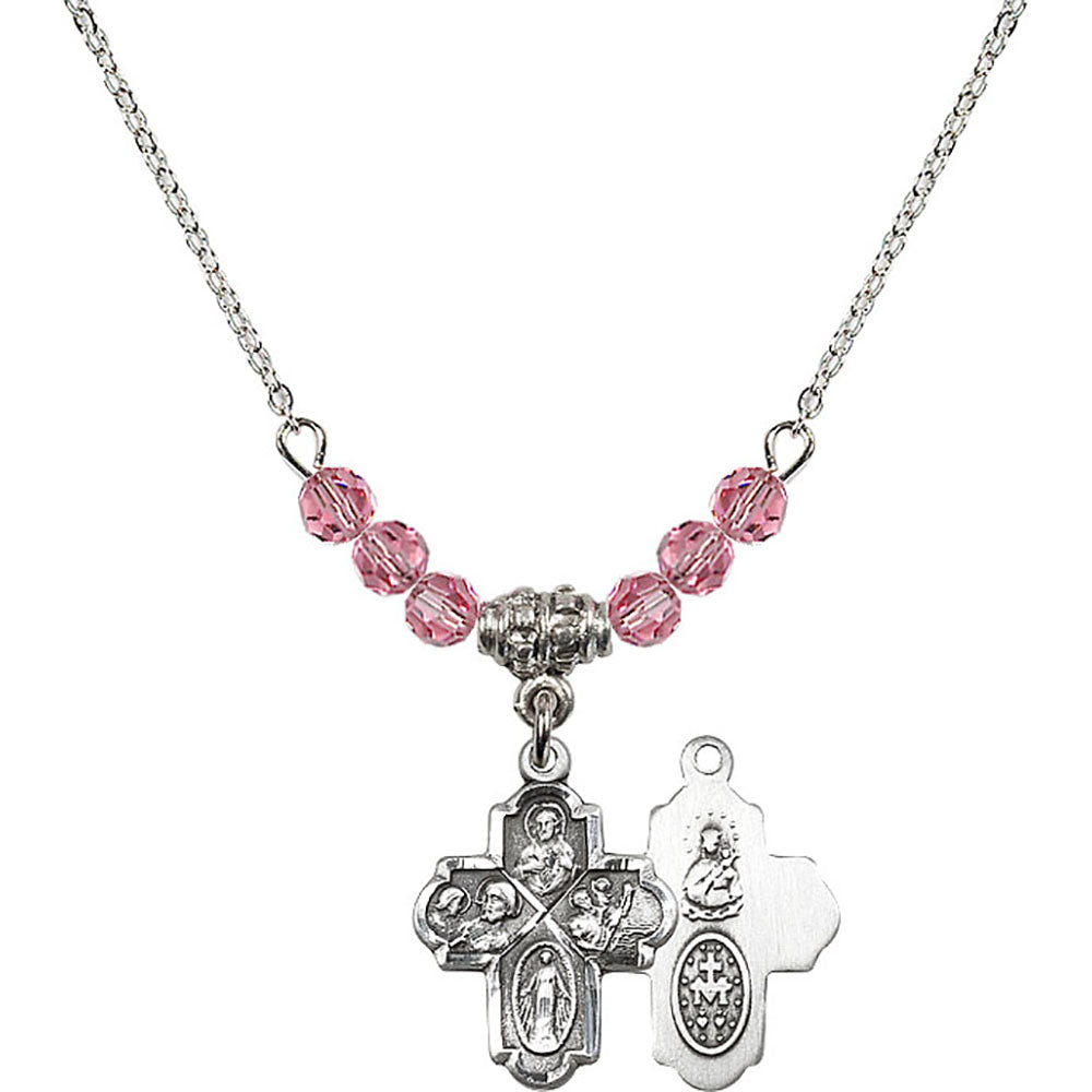 Sterling Silver 4-Way Birthstone Necklace with Rose Beads - 0047
