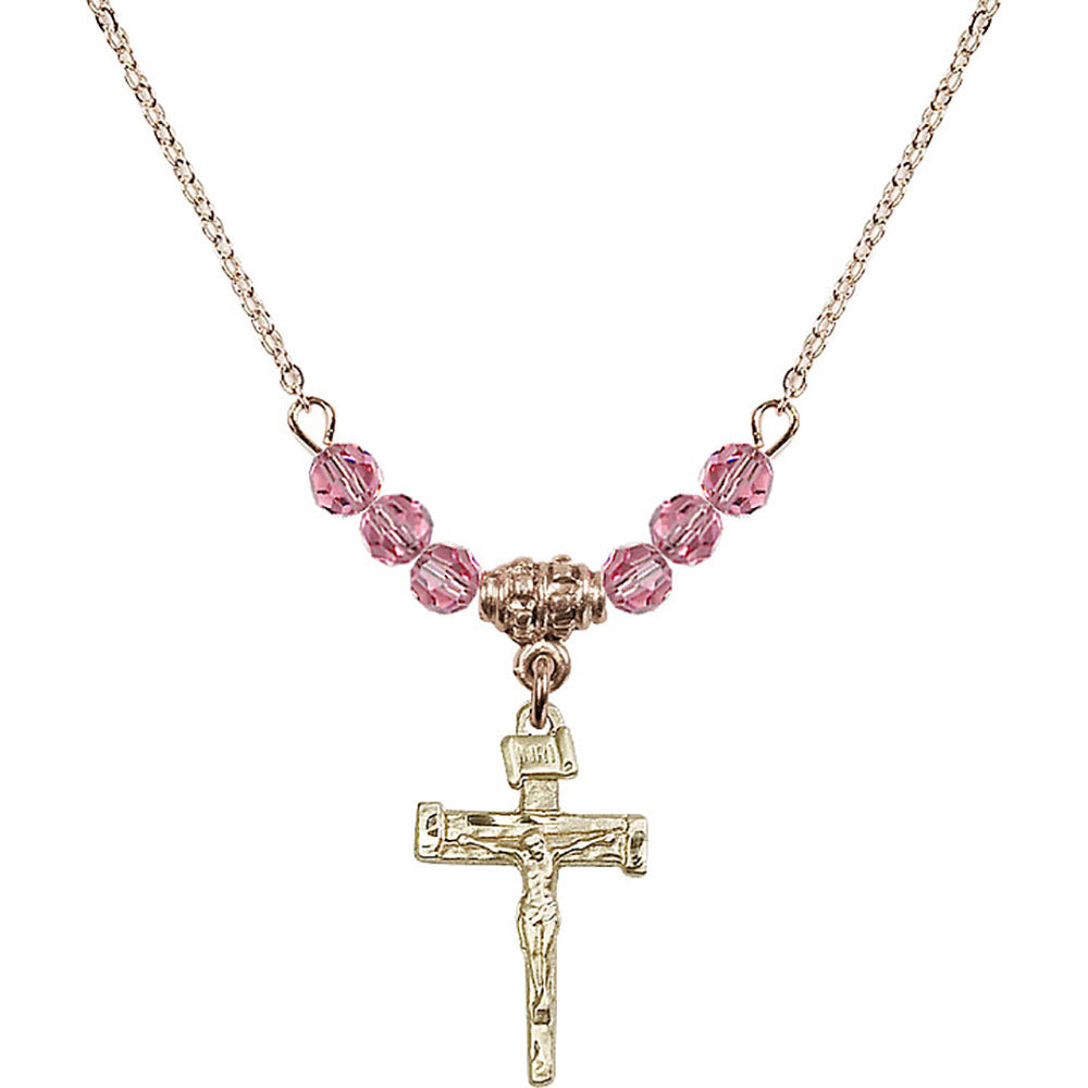 14kt Gold Filled Nail Crucifix Birthstone Necklace with Rose Beads - 0072