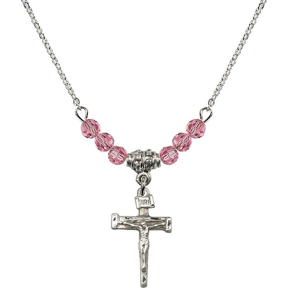 Sterling Silver Nail Crucifix Birthstone Necklace with Rose Beads - 0072