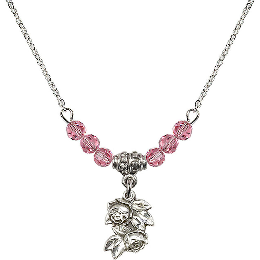Sterling Silver Rose Birthstone Necklace with Rose Beads - 0204