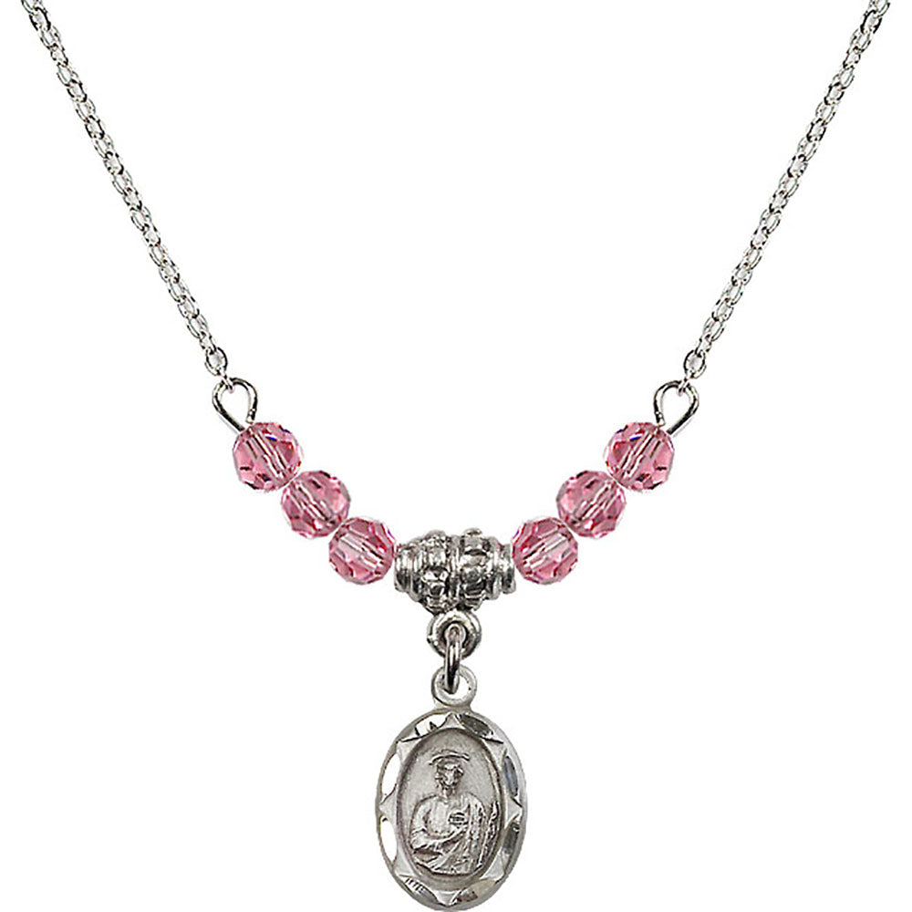 Sterling Silver Saint Jude Birthstone Necklace with Rose Beads - 0301