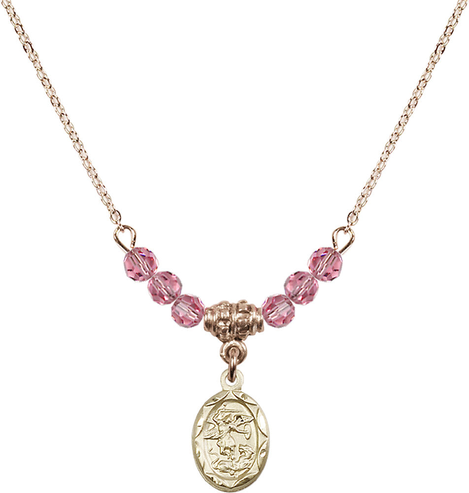 14kt Gold Filled Saint Michael the Archangel Birthstone Necklace with Rose Beads - 0301