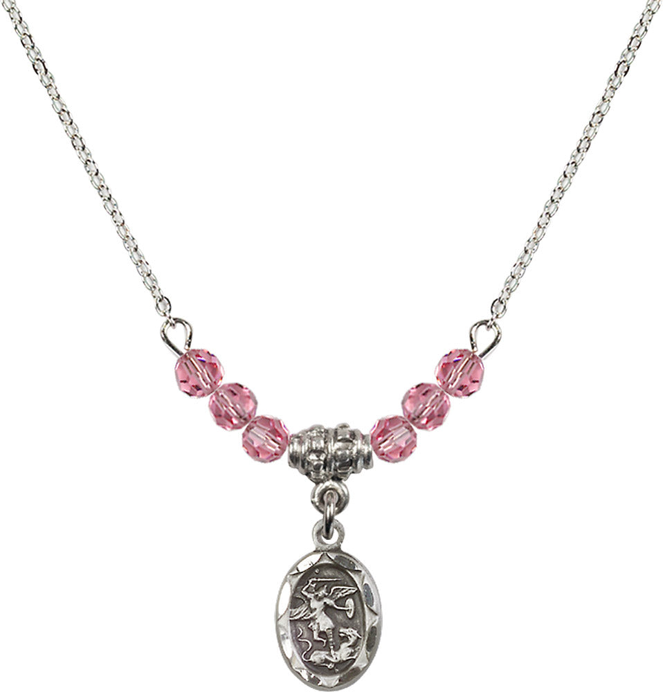 Sterling Silver Saint Michael the Archangel Birthstone Necklace with Rose Beads - 0301