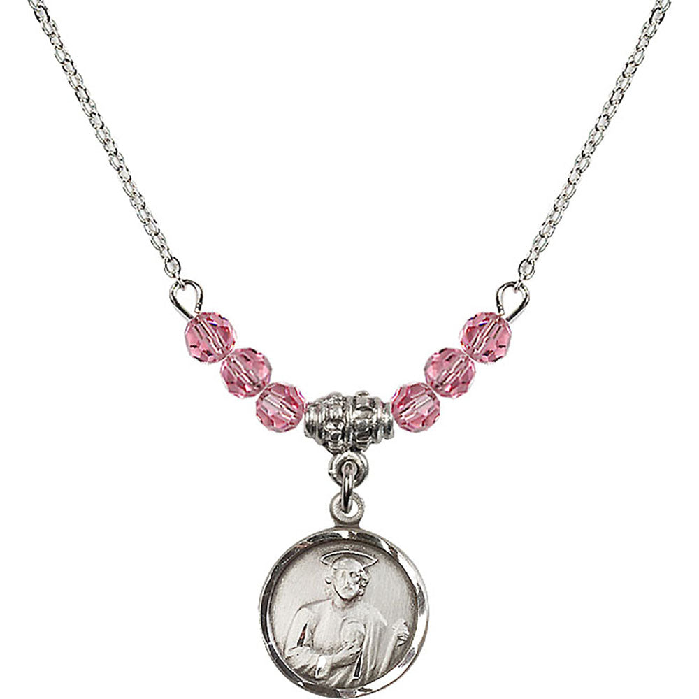 Sterling Silver Saint Jude Birthstone Necklace with Rose Beads - 0601