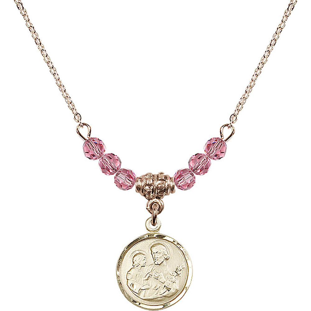 14kt Gold Filled Saint Joseph Birthstone Necklace with Rose Beads - 0601
