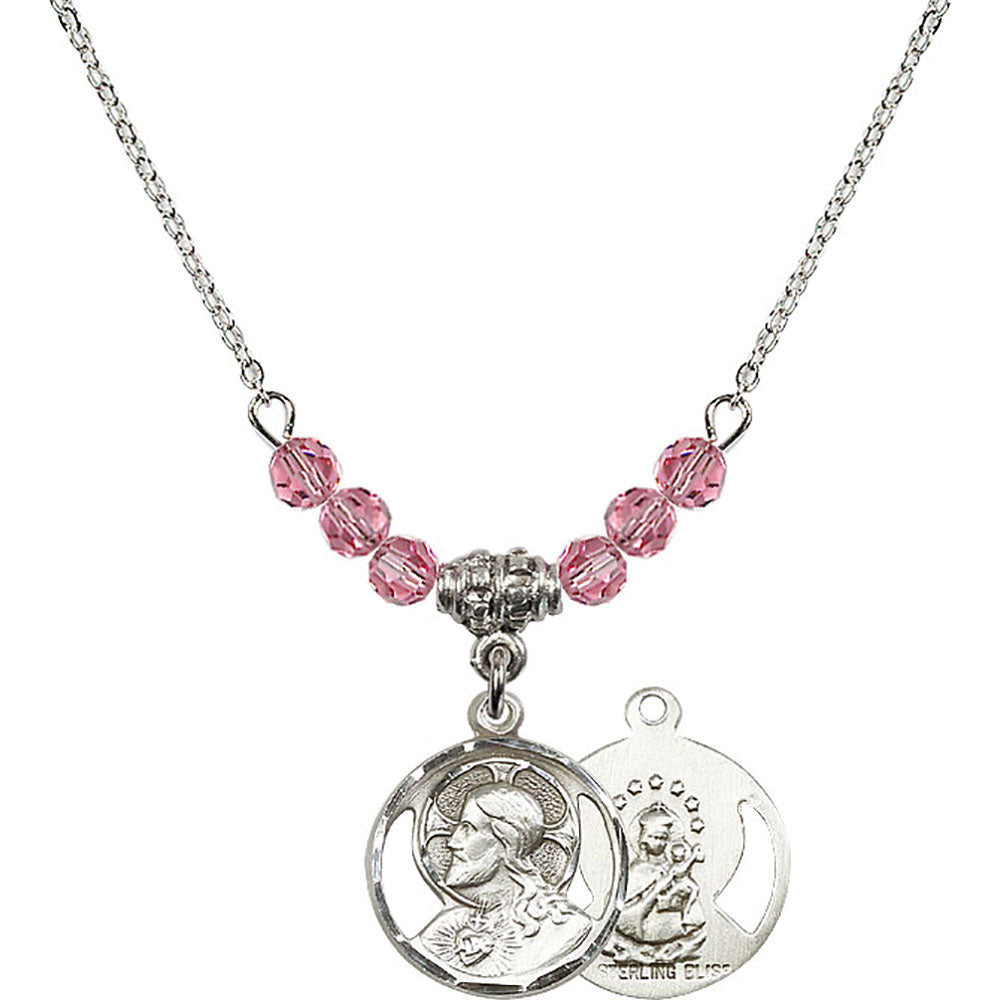 Sterling Silver Scapular Birthstone Necklace with Rose Beads - 0611