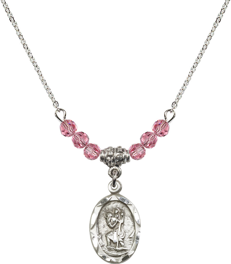 Sterling Silver Saint Christopher Birthstone Necklace with Rose Beads - 0612