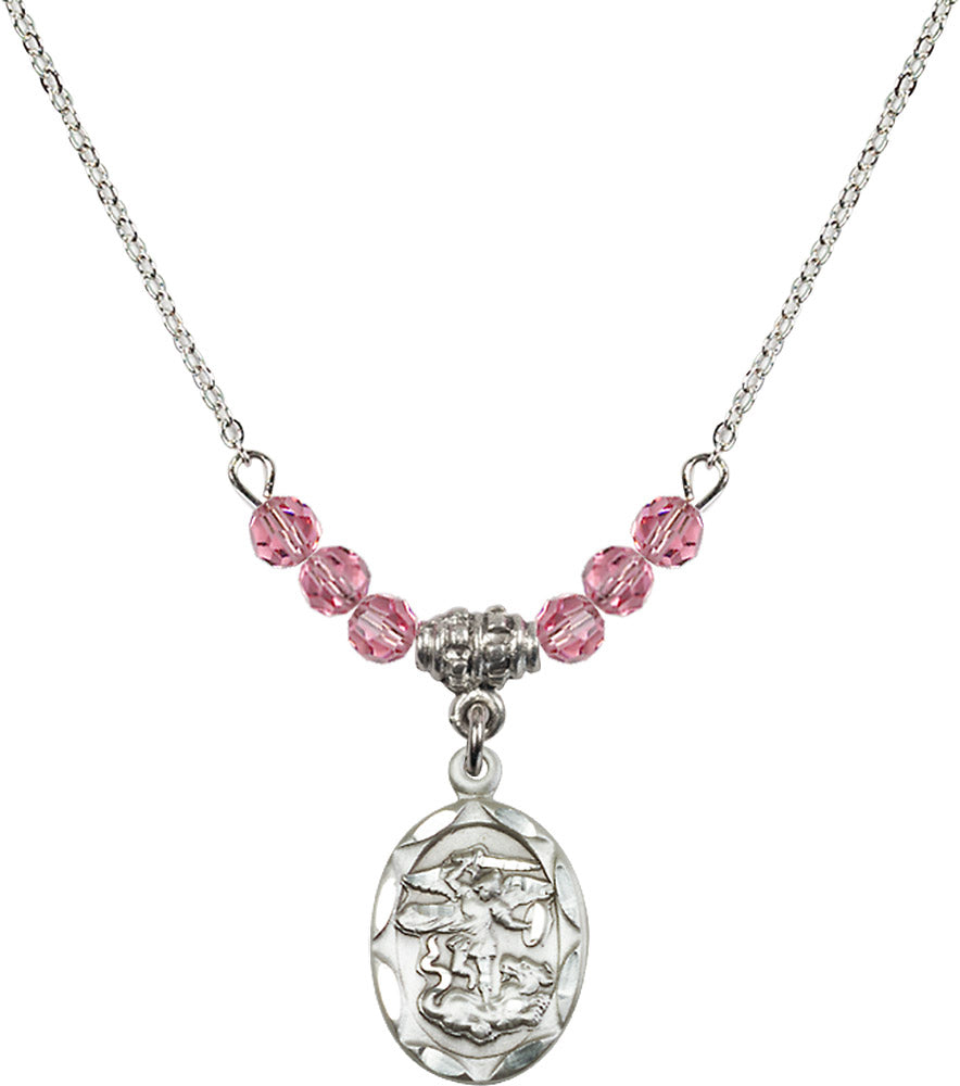 Sterling Silver Saint Michael the Archangel Birthstone Necklace with Rose Beads - 0612