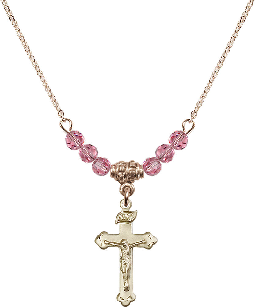 14kt Gold Filled Crucifix Birthstone Necklace with Rose Beads - 0669