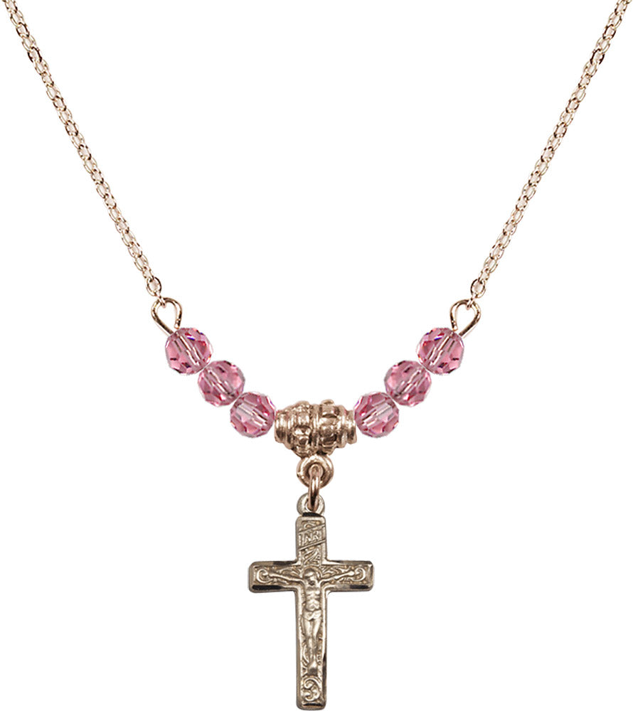 14kt Gold Filled Crucifix Birthstone Necklace with Rose Beads - 0672