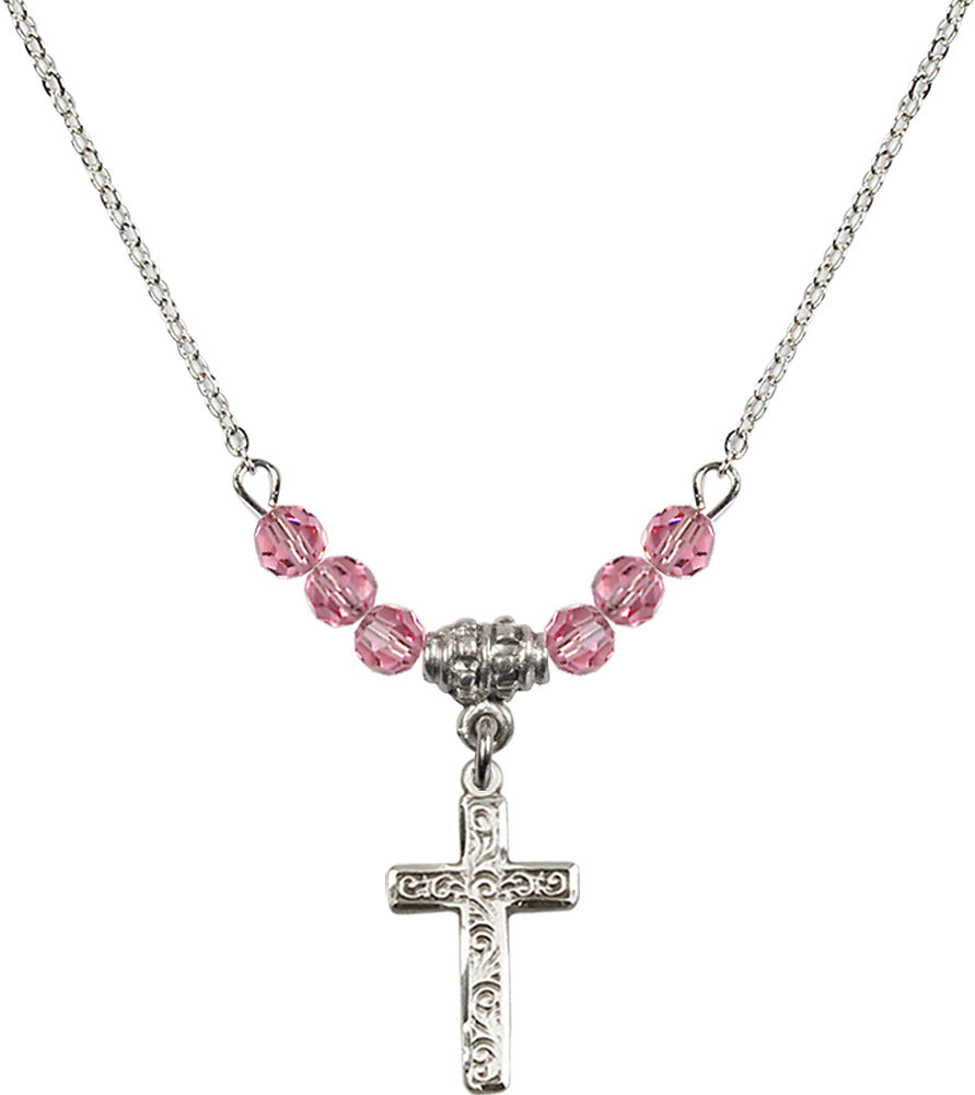 Sterling Silver Cross Birthstone Necklace with Rose Beads - 0672
