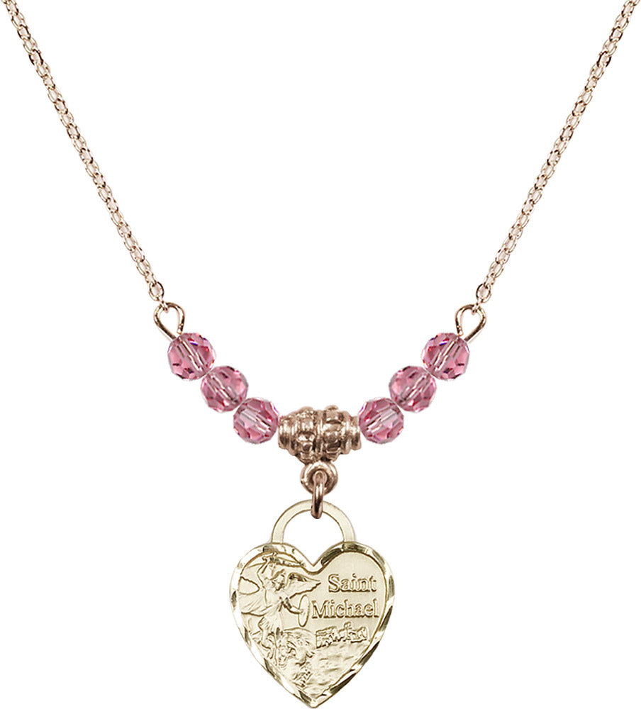 14kt Gold Filled Saint Michael Heart Birthstone Necklace with Rose Beads - 3403