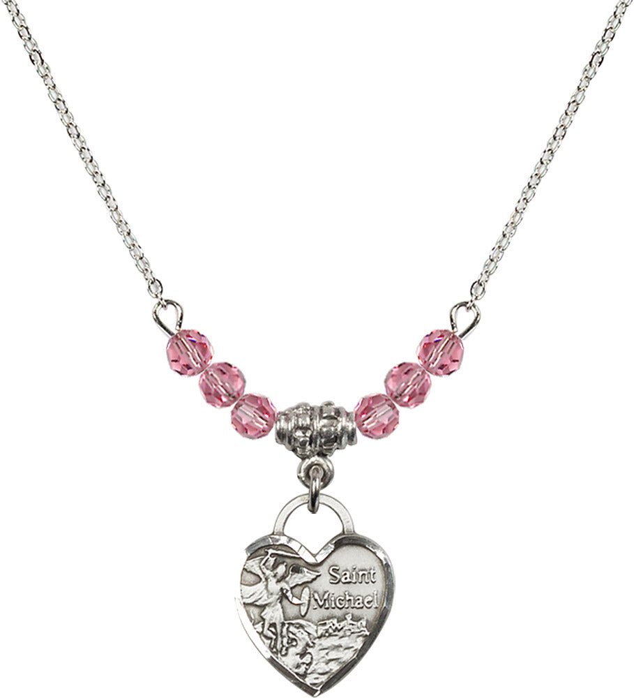 Sterling Silver Saint Michael Heart Birthstone Necklace with Rose Beads - 3403