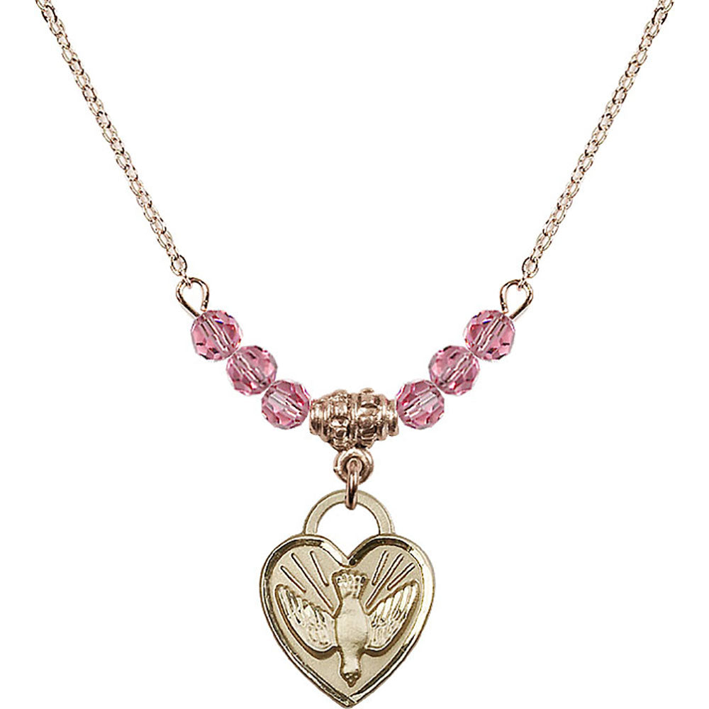 14kt Gold Filled Confirmation Heart Birthstone Necklace with Rose Beads - 3405