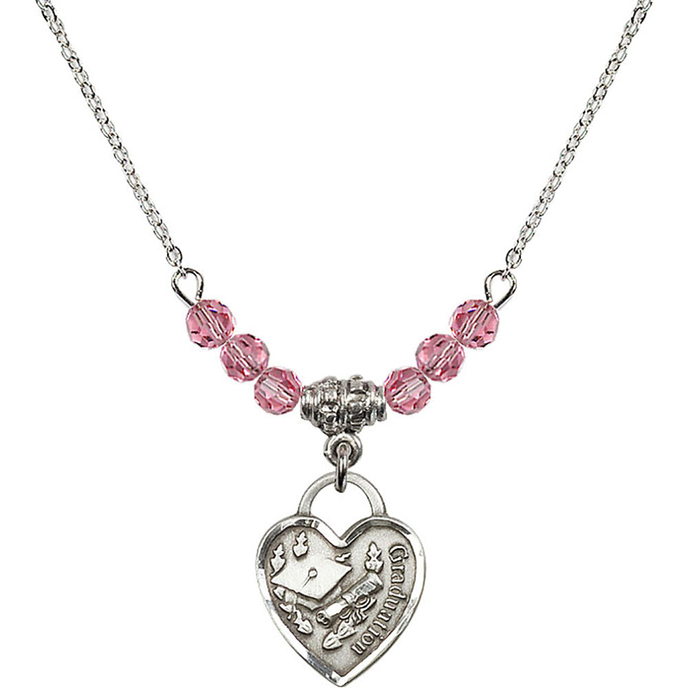 Sterling Silver Graduation Heart Birthstone Necklace with Rose Beads - 3406