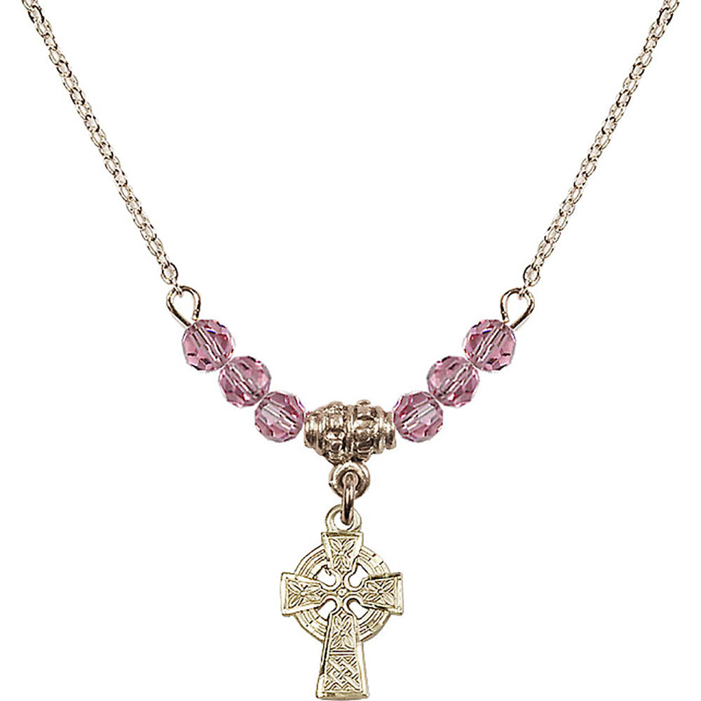 14kt Gold Filled Celtic Cross Birthstone Necklace with Rose Beads - 4133
