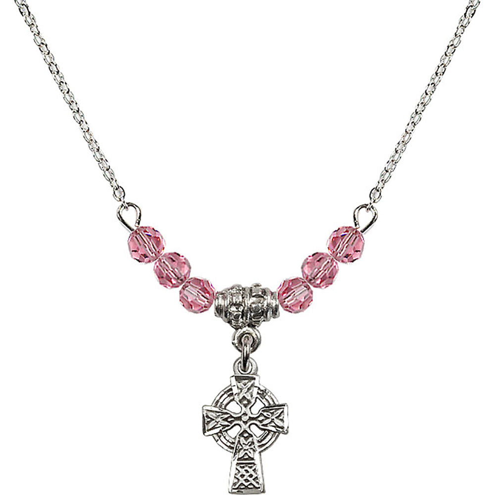 Sterling Silver Celtic Cross Birthstone Necklace with Rose Beads - 4133