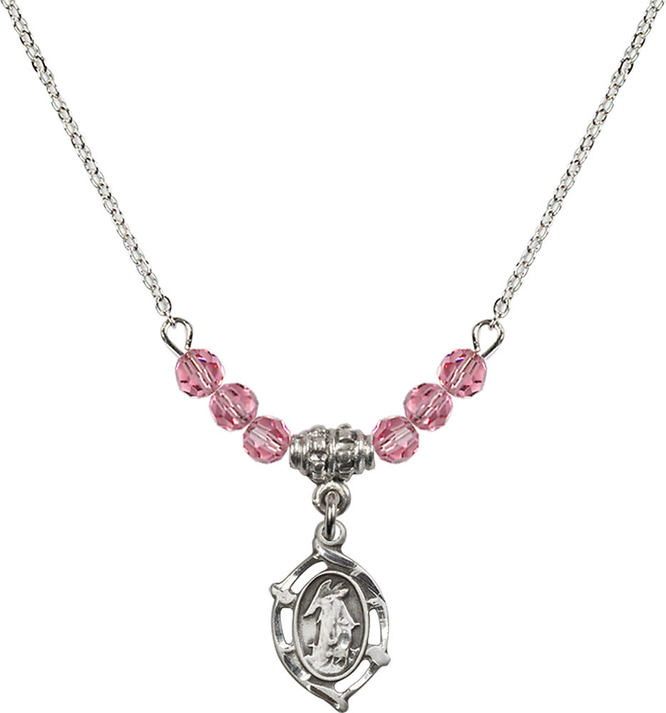 Sterling Silver Guardian Angel Birthstone Necklace with Rose Beads - 4154