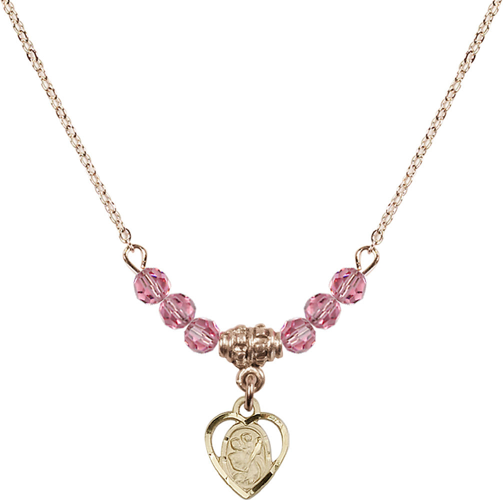 14kt Gold Filled Saint Christopher Birthstone Necklace with Rose Beads - 5403