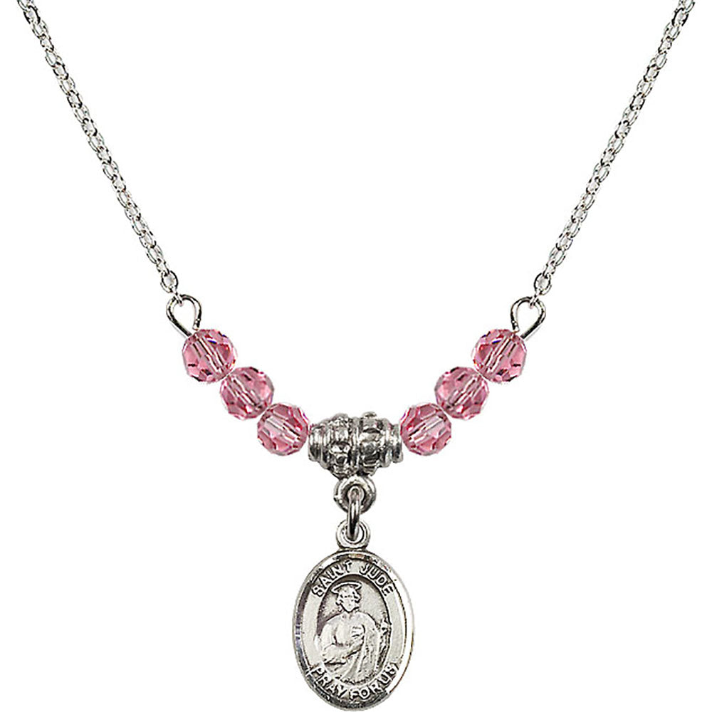 Sterling Silver Saint Jude Thaddeus Birthstone Necklace with Rose Beads - 9060