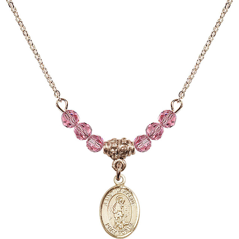 14kt Gold Filled Saint Lazarus Birthstone Necklace with Rose Beads - 9066