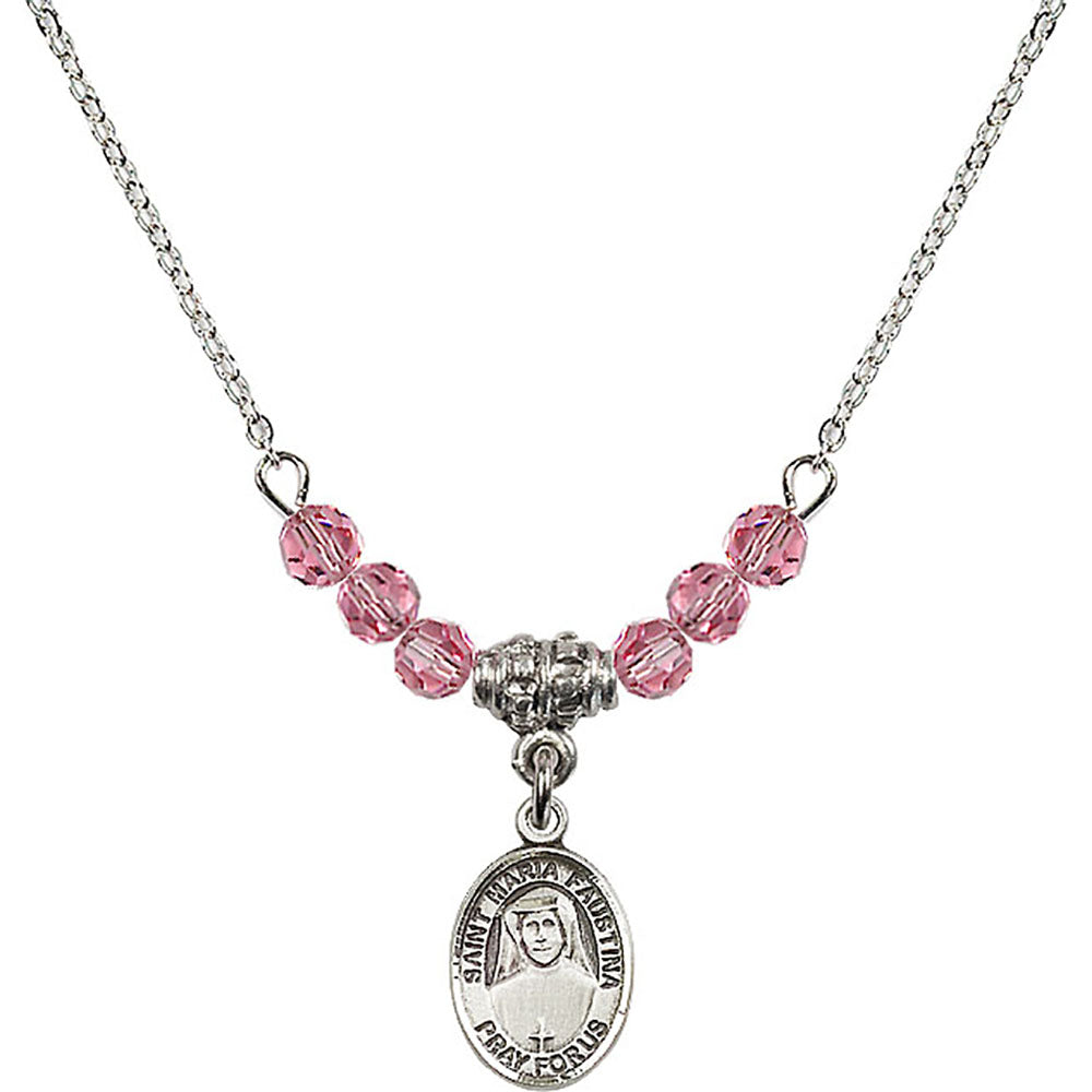 Sterling Silver Saint Maria Faustina Birthstone Necklace with Rose Beads - 9069