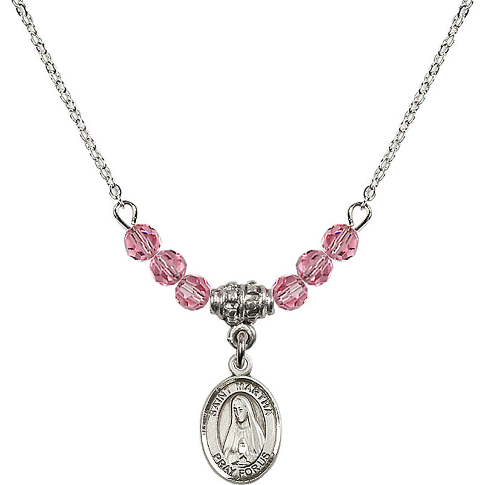 Sterling Silver Saint Martha Birthstone Necklace with Rose Beads - 9075