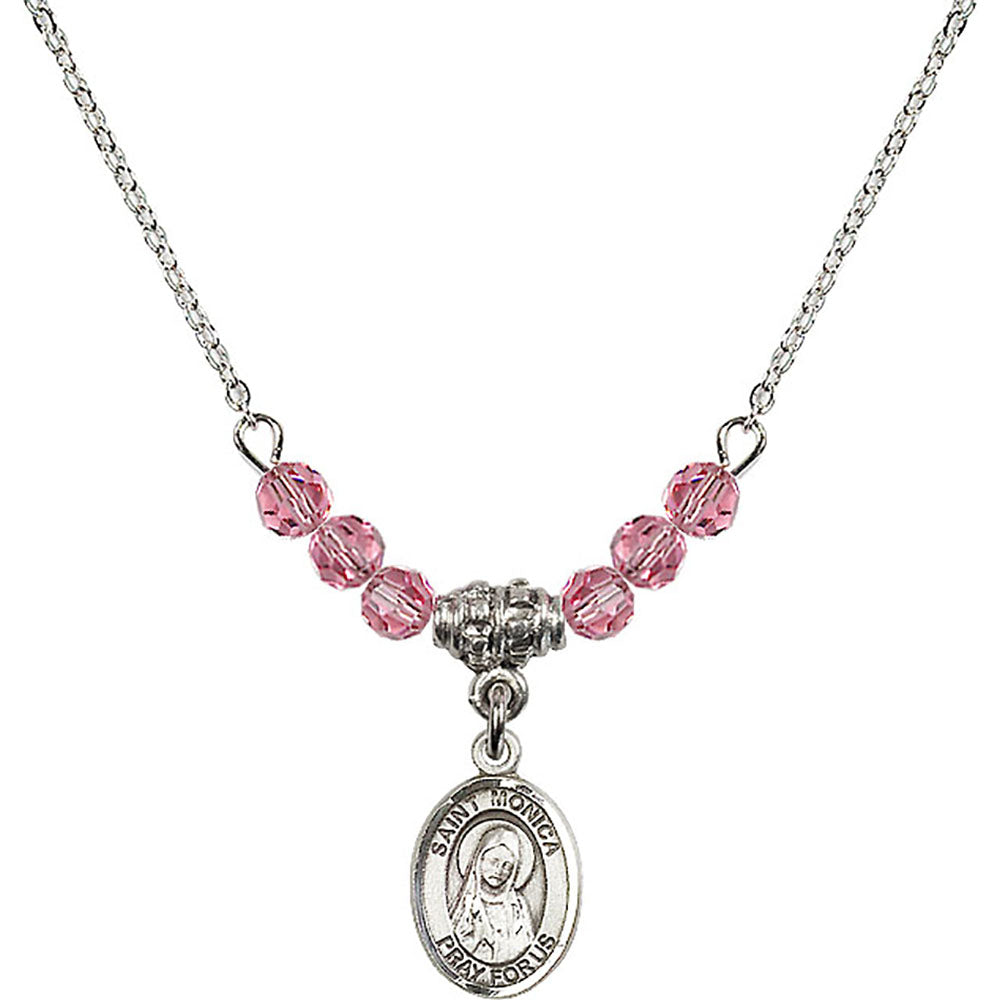 Sterling Silver Saint Monica Birthstone Necklace with Rose Beads - 9079