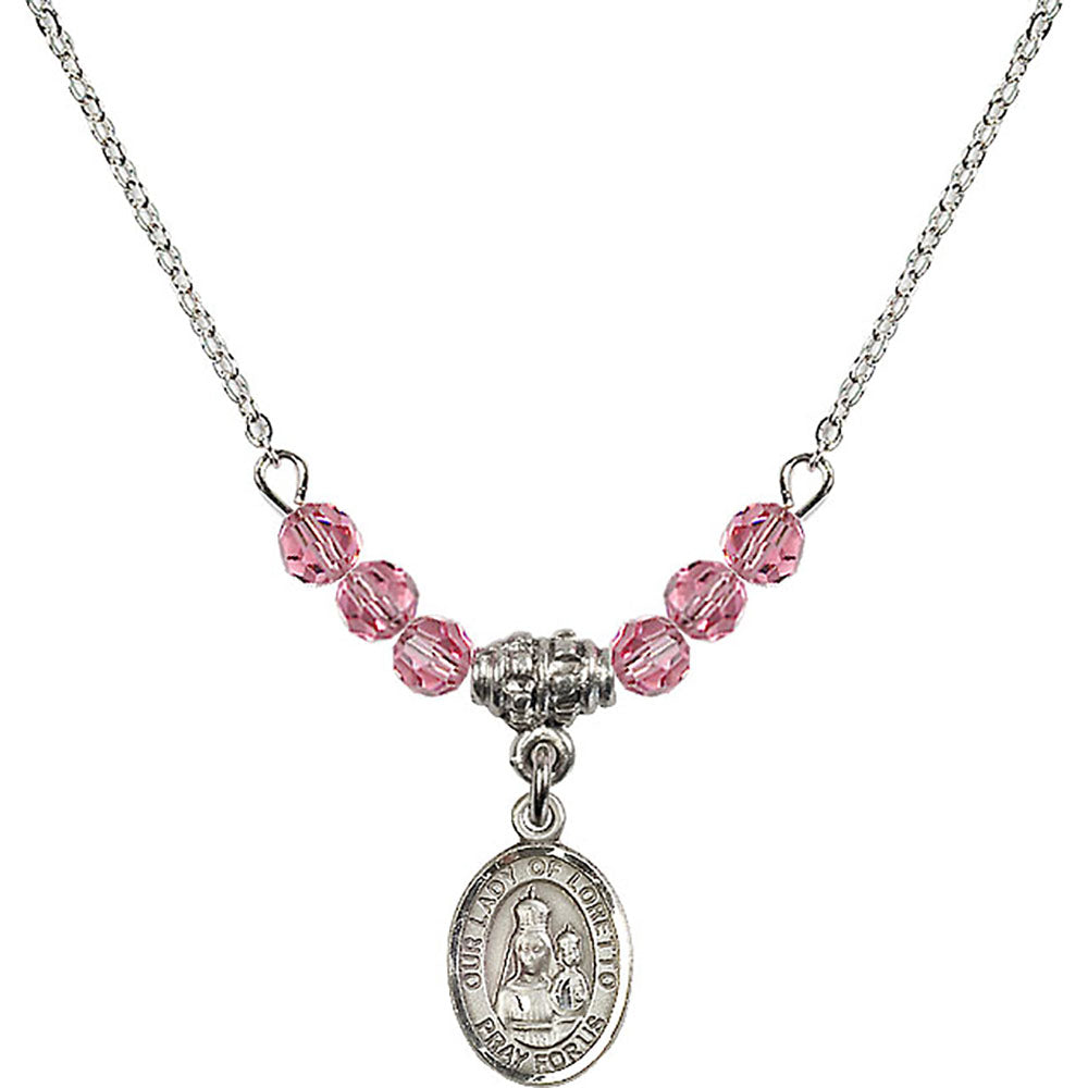 Sterling Silver Our Lady of Loretto Birthstone Necklace with Rose Beads - 9082