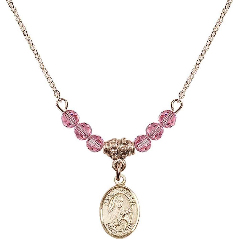 14kt Gold Filled Saint Theresa Birthstone Necklace with Rose Beads - 9106