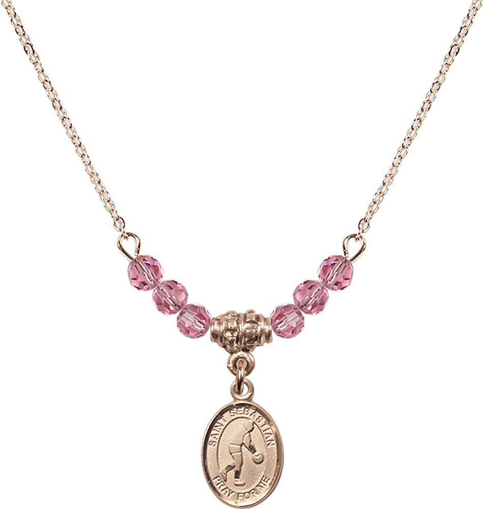14kt Gold Filled Saint Sebastian/Basketball Birthstone Necklace with Rose Beads - 9163