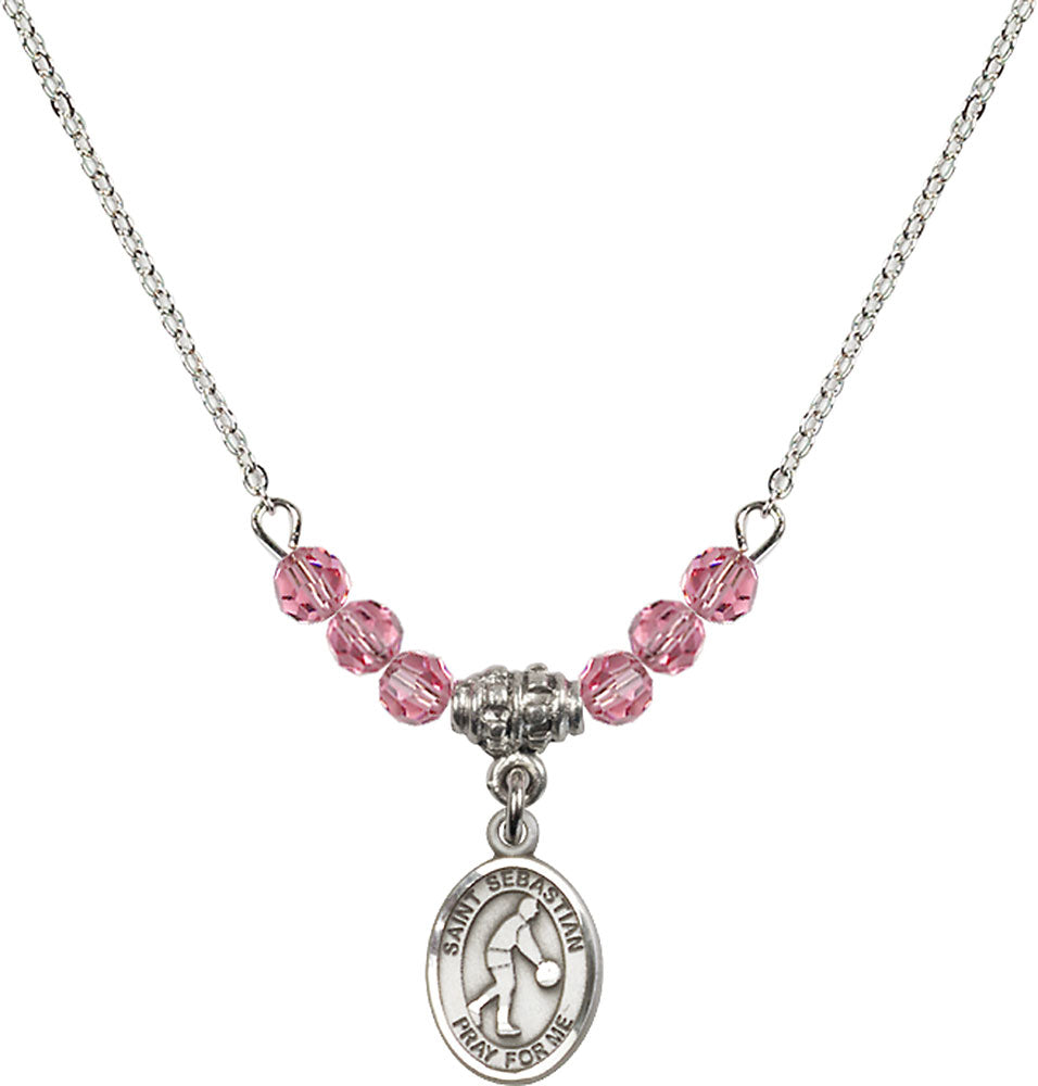 Sterling Silver Saint Sebastian/Basketball Birthstone Necklace with Rose Beads - 9163
