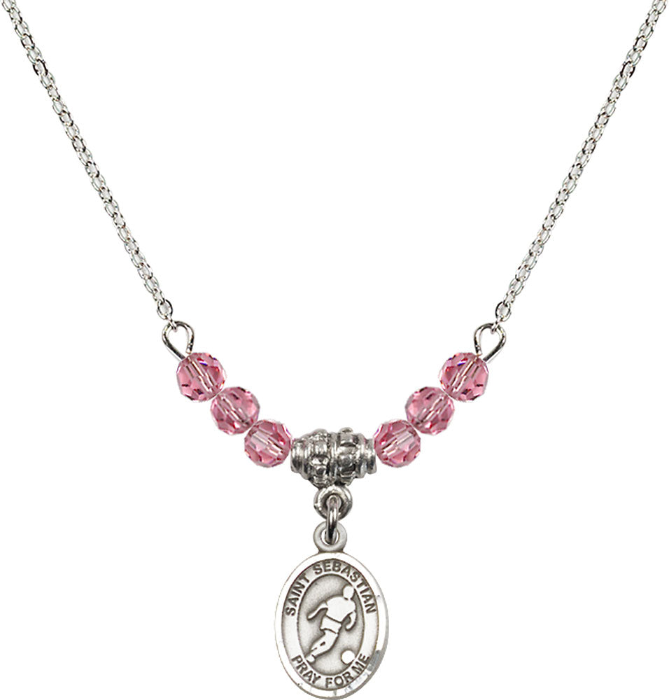 Sterling Silver Saint Sebastian/Soccer Birthstone Necklace with Rose Beads - 9164